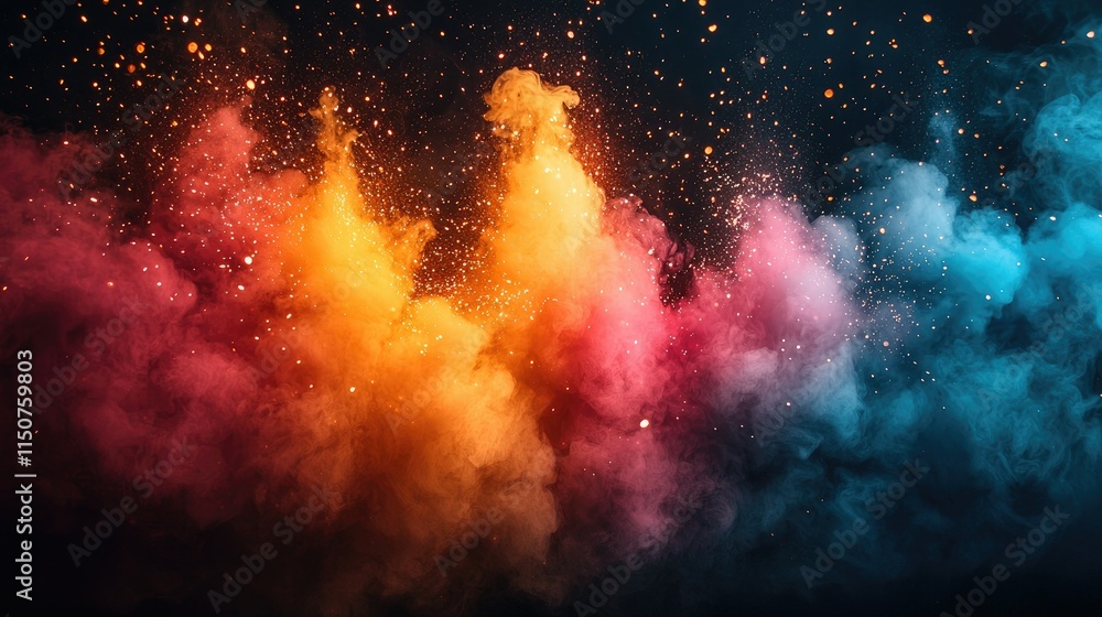 Poster vibrant explosion of colorful smoke and particles creating an abstract artistic effect.