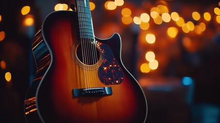 Naklejka premium Acoustic guitar on stand with vibrant lighting, sleek design, cozy setup