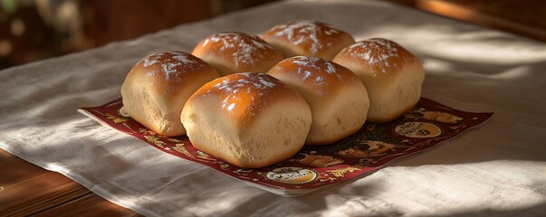 Freshly baked bread rolls served on a decorative Oktoberfest-themed napkin