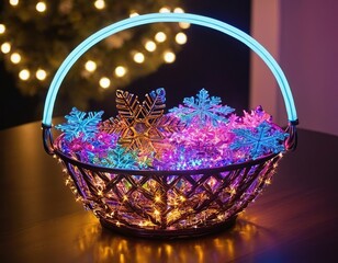 Colorful winter-themed basket filled with glowing snowflakes and lights, creating a magical festive...