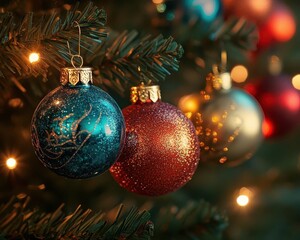 Christmas tree ornaments with vibrant lighting, soft glow, cozy holiday setup
