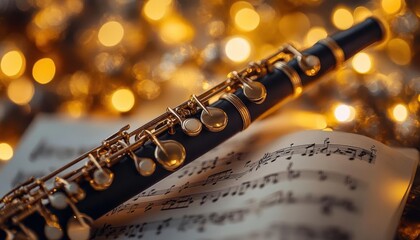 Obraz premium Clarinet and sheet music with vibrant lighting, cozy music setup, soft glow