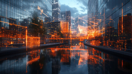 An abstract representation of a digital world, with glowing lines and geometric shapes