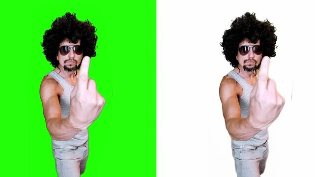 A man shows with his finger that he needs to press or pee