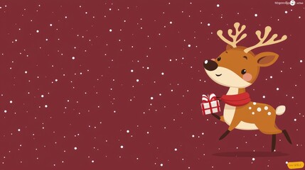 Naklejka premium Adorable Reindeer Carrying a Gift Against a Snowy Background