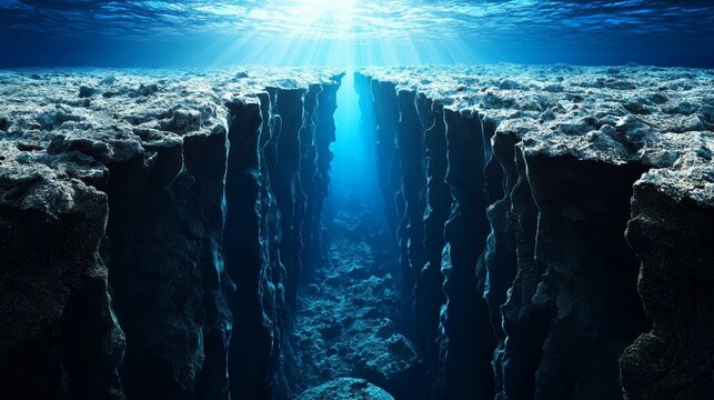 Close-up of the Mid-Atlantic Ridge underwater, rugged seafloor with tectonic plates visibly pulling apart, blue-green hues, sunlight filtering through ocean depths