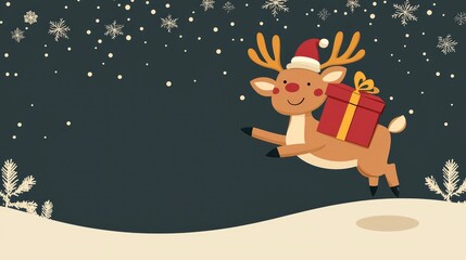 Fototapeta premium Reindeer with Gift Flying Through Snowy Night - Christmas Card Design