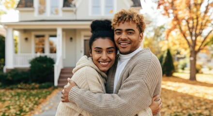 Fototapeta premium Smiling couple hugging outside house on fall day