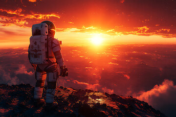 An astronaut using a high-tech device on the surface of Mars under a red sky