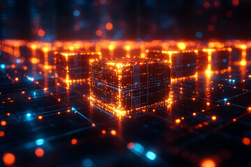 Obraz premium A futuristic concept of blockchain with interconnected glowing blocks forming a network on a digital grid