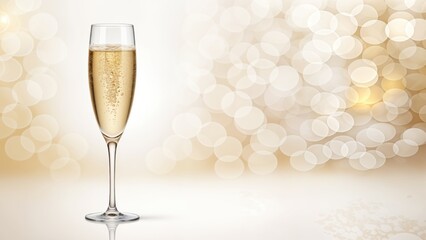 A single champagne flute filled with sparkling champagne, placed against a soft, golden bokeh background, creating a luxurious and celebratory atmosphere for festive occasions.
