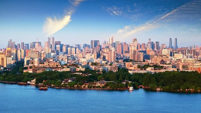 Aerial shot of modern cityscape of downtown buildings and lake in Hangzhou, China