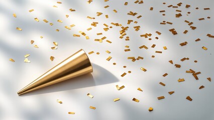 Golden party hat lying on a white surface, surrounded by scattered metallic gold confetti pieces, casting soft shadows under bright sunlight for a celebratory and festive ambiance.
