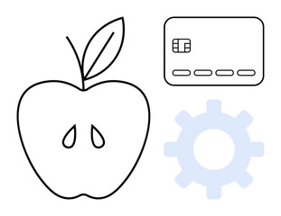 Black and white outline of an apple, credit card, and light blue gear symbol. Ideal for themes in technology, finance, health, lifestyle, business management, educational tools digital applications