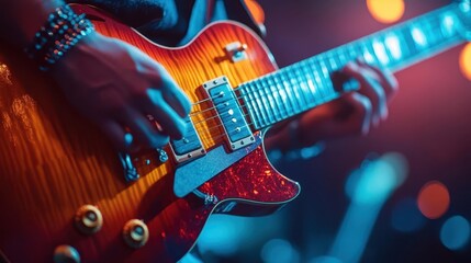 Obraz premium Electric guitar in action with vibrant lighting, dynamic movement, sleek stage setup