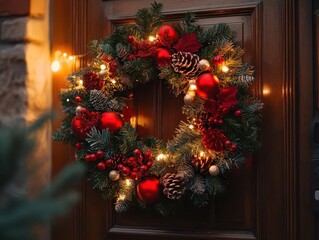 Festive wreath on door with vibrant lighting, cozy home atmosphere, soft glow