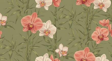 Pastel orchid floral pattern with bamboo leaves. Vintage botanical illustration. Seamless design.