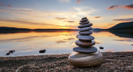 Stack of smooth stones balanced on beach during sunset by calm lake