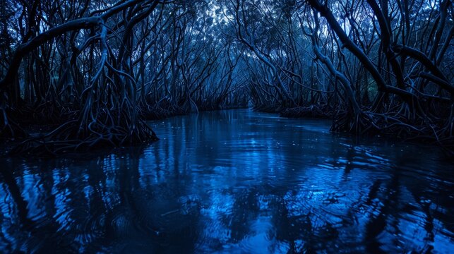 Glowing river meanders through a mystical forest filled with towering bioluminescent mushrooms - Powered by Adobe