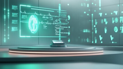 Fototapeta premium A 3D-rendered futuristic scene featuring a glowing shield icon, embedded with medical symbols like a cross, DNA helix, and heart pulse. Surrounding the shield are floating data streams.