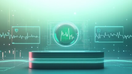 Fototapeta premium A 3D-rendered scene of a futuristic medical monitoring device hovering above a sleek podium, with holographic screens displaying vital signs like heart rate, blood pressure, and oxygen levels.