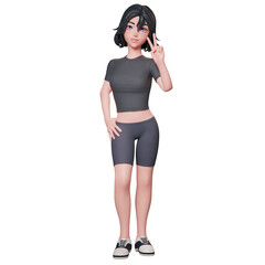 Fototapeta premium 3D illustration of a sporty girl in black. showing peace hand gesture using her right hand. friendship, Cute cartoon style.