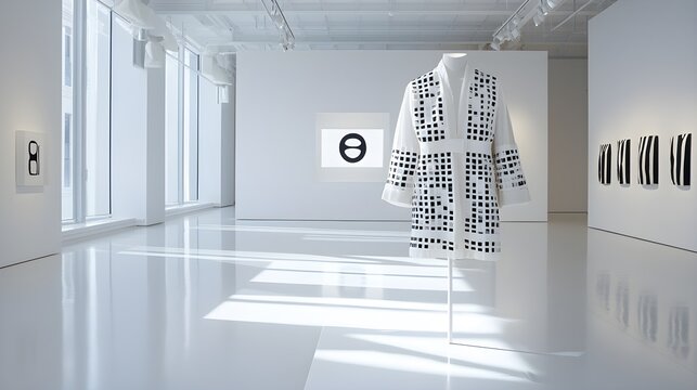 Unique fashion collection made from upcycled fabrics, displayed in an airy, minimalist gallery; intricate details of each piece highlight sustainable art--style raw