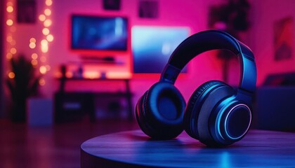 Headphones on table with vibrant lighting, sleek design, cozy music setup