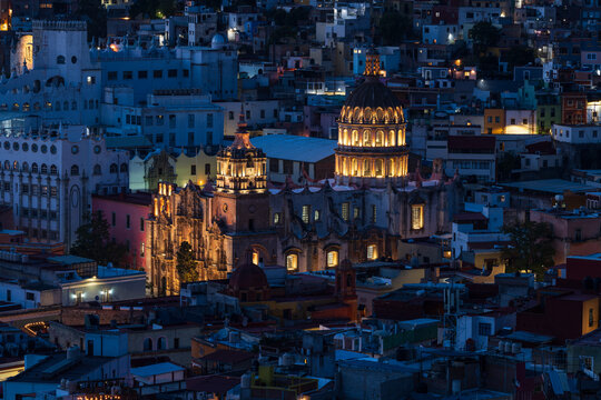 Guanajuato city view with Templo de la Compania Guanajuato at night