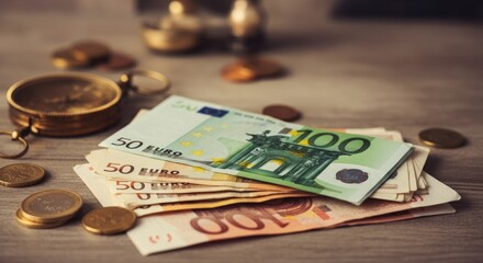 Euro banknotes and coins on wooden table