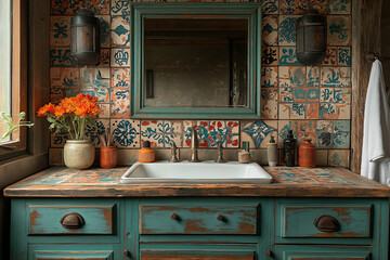 Salle de Bain Récup et Colorée avec Tapisserie Vinyle Inspiration Marocaine, Coiffeuse Vintage Restaurée en Turquoise et Carreaux Colorés Autour du Miroir, Ambiance Éclectique et Artistique