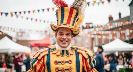 Fototapeta premium Man in colorful costume and hat at outdoor festival with bunting