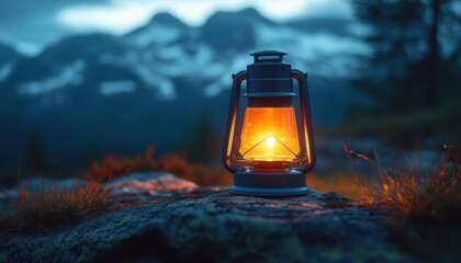 Hiking in mountains with vibrant lighting, dynamic energy, serene outdoor setup