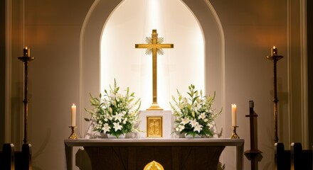 Golden cross on altar with candles and white flowers in church