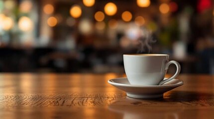 Obraz premium Steaming Cup of Coffee on Wooden Table in Cozy Cafe
