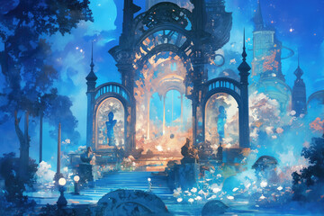 A Magical Watercolor of a Glowing Temple Surrounded by Mystical Atmosphere