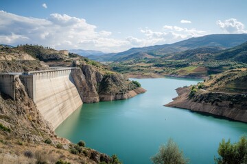 Panoramic View of a Hydroelectric Dam and Its Reservoir Under Bright Daylight Surrounded by a Scenic Hilly Landscape