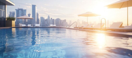 Obraz premium Rooftop pool with cityscape and sunrise.