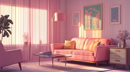 A charming mid-century modern living room framed in soft pink tones, created using generative AI techniques