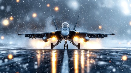Naklejka premium Military jet fighter takeoff, close-up with afterburners firing, intense motion blur and dramatic runway perspective, crisp digital artwork