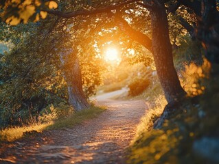 Nature trail hike with vibrant trees, soft lighting, serene outdoor atmosphere