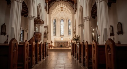 Beautiful serene church interior with arched ceilings and stained glass windows