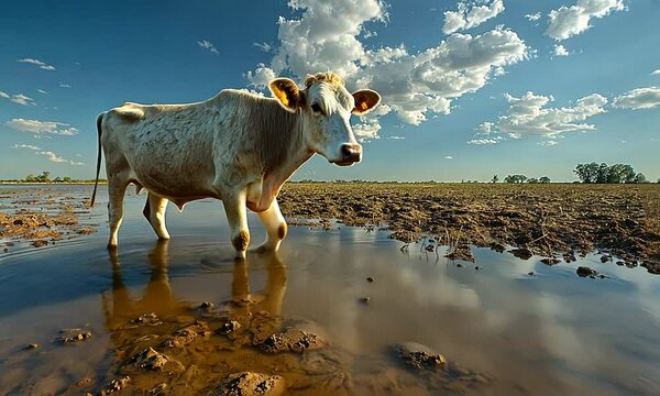A cow walking in a shallow pool of water in a vast rural landscape. The terrain highlights drought and climate change, with rising temperatures altering precipitation patterns and the entire water cyc