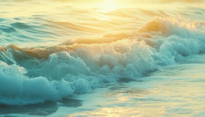 Fototapeta premium Ocean waves crashing with vibrant lighting, soft glow, peaceful beach atmosphere