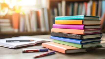 Stack of colorful books on a desk with a notebook, pen, and two markers.
