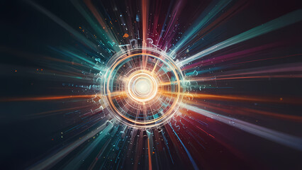 A dynamic abstract composition mimicking the burst of a camera bulb, showcasing spiraling light trails, shimmering particles, and a fusion of bright whites and pastel colors, creating a radiant and mo