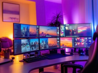 Remote team meeting with vibrant screens, sleek home office setup, soft lighting