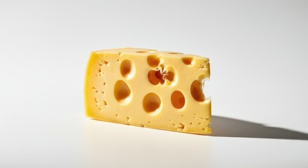 Swiss cheese wedge with holes on white surface, shadow visible