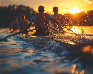 Rowing team on water with vibrant lighting, dynamic movement, sleek setup