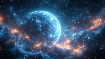 Obraz premium Glowing blue planet in fiery nebula.